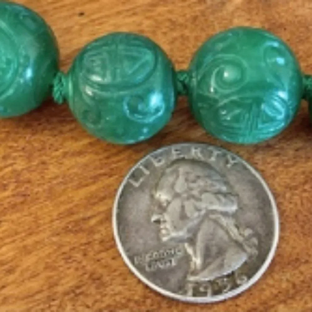 Carved Green Jade Beaded Sterling Silver Necklace